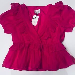 Line & Dot Ruffle Blouse Size Large Pink Fuchsia V-neck Ruffles Peplum Neck New